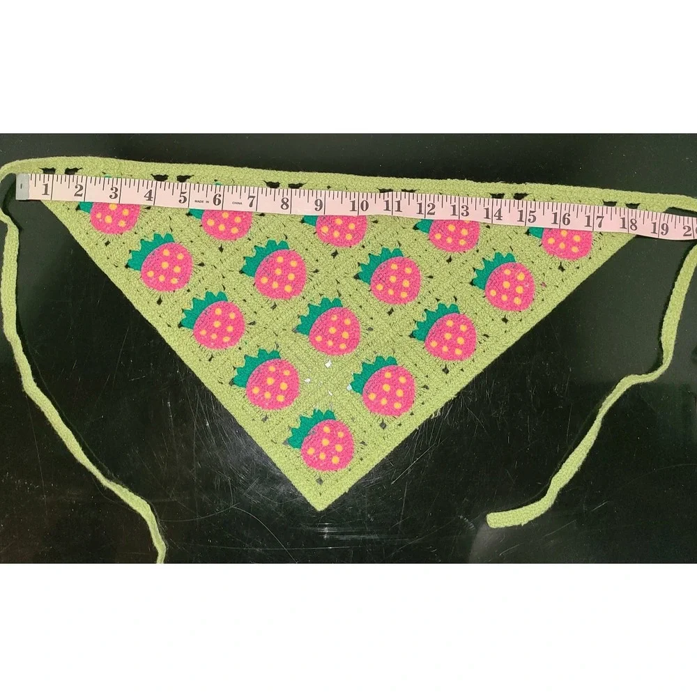 Boho Crochet Bandana Strawberry Cottage Core Hippie Hair Scarf Green